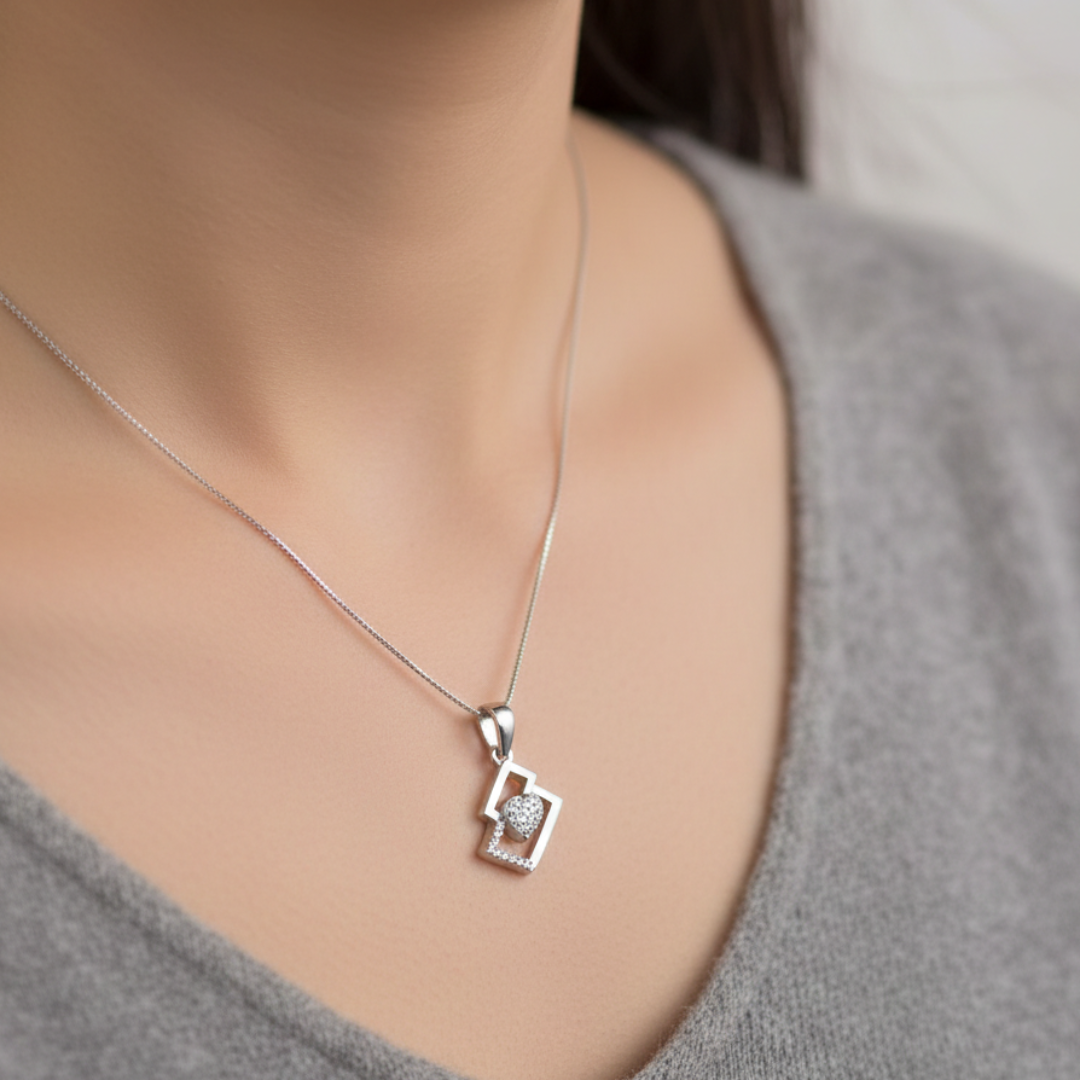 92.5 Sterling Silver Heart in Frame Solitaire Pendent