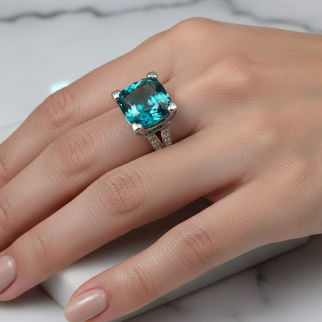 Regal Cushion Cut Teal 925 Silver Solitaire Ring