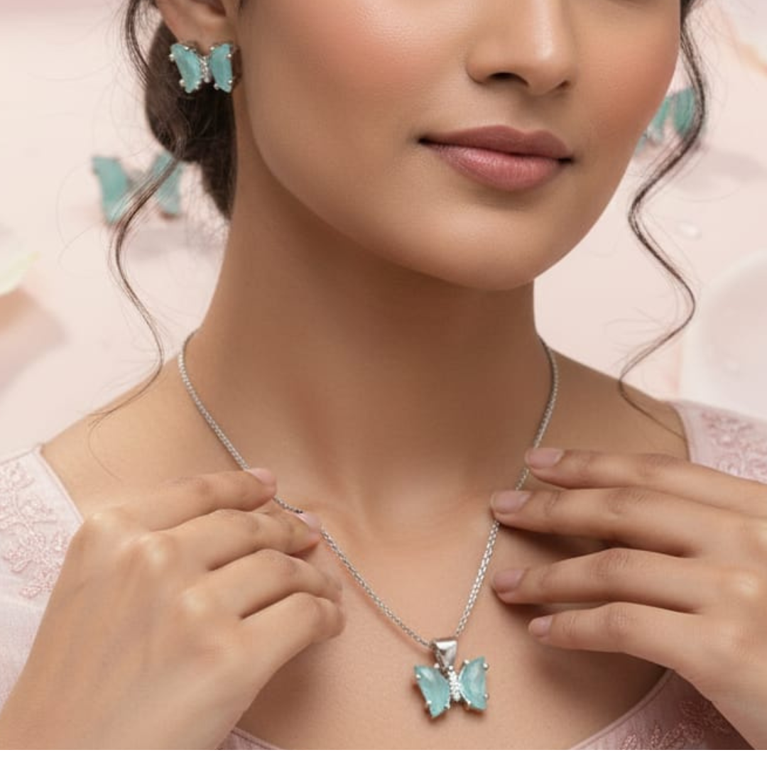 Serene Aqua Butterfly 925 Silver Jewellery Set
