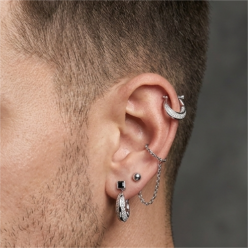 Crystal Curve Hoop Black Stone Earrings