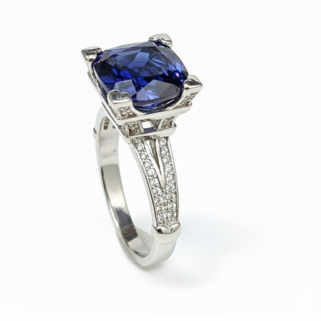 Regal Cushion Cut Cobalt 925 Silver Solitaire Ring