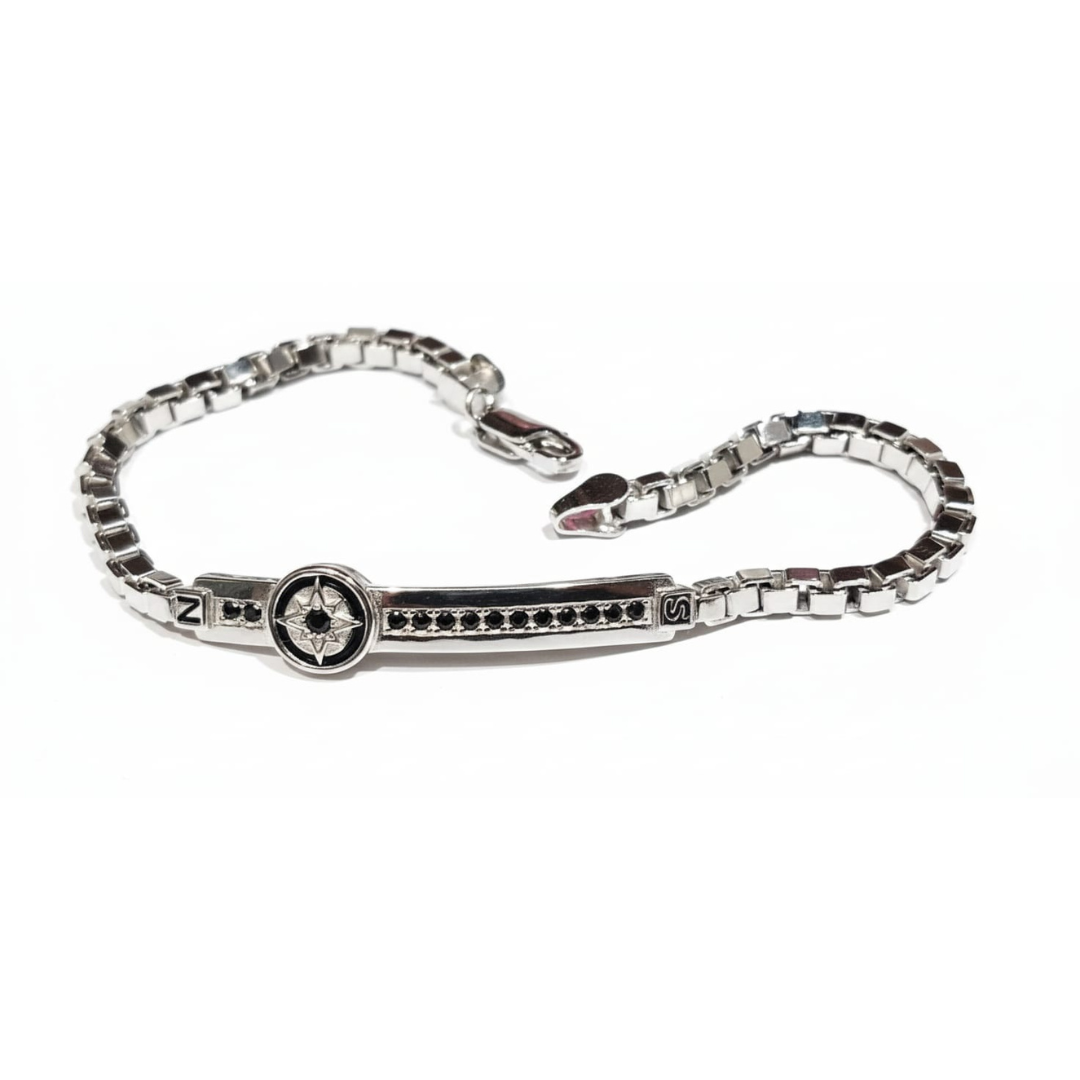 Nautical Compass Onyx 925 Silver Box Chain Bracelet