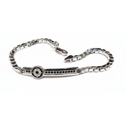 Nautical Compass Onyx 925 Silver Box Chain Bracelet