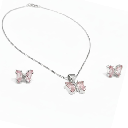 Dainty Pink Butterfly 925 Silver Jewellery Set