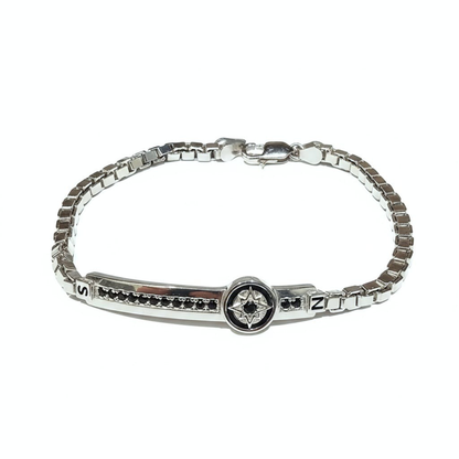 Nautical Compass Onyx 925 Silver Box Chain Bracelet