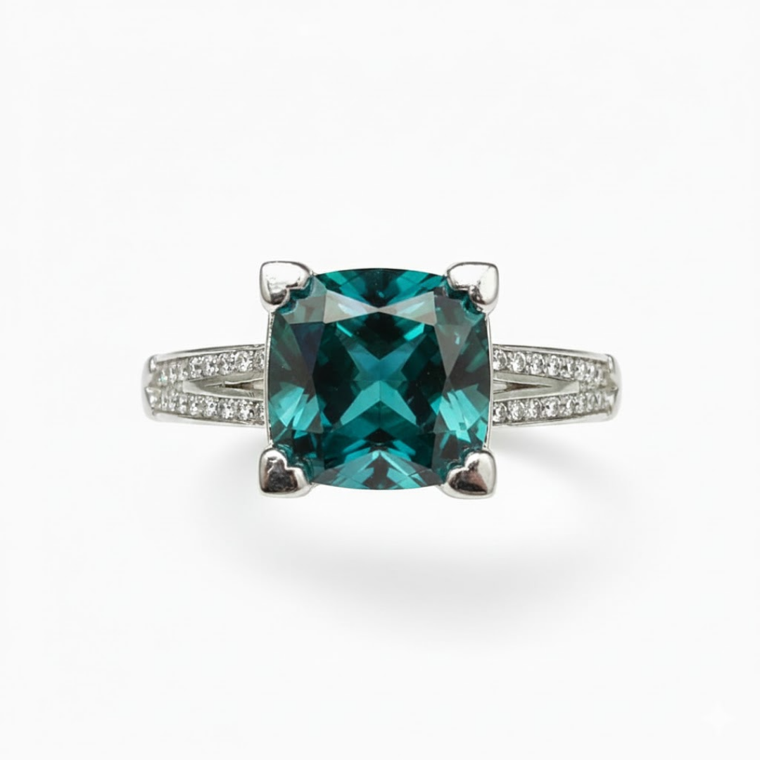 Regal Cushion Cut Teal 925 Silver Solitaire Ring