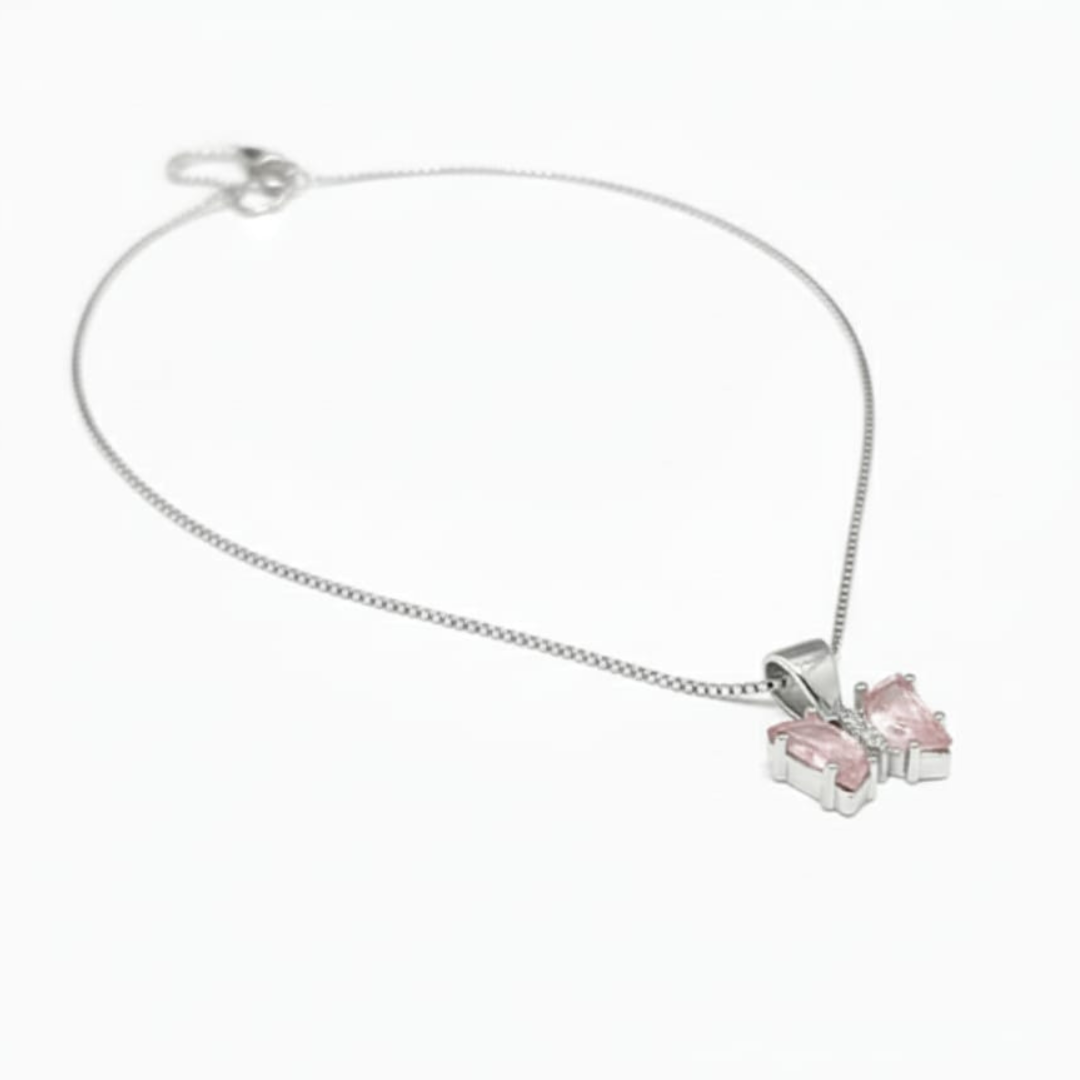 Dainty Pink Butterfly 925 Silver Jewellery Set