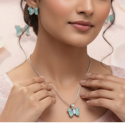 Serene Aqua Butterfly 925 Silver Jewellery Set