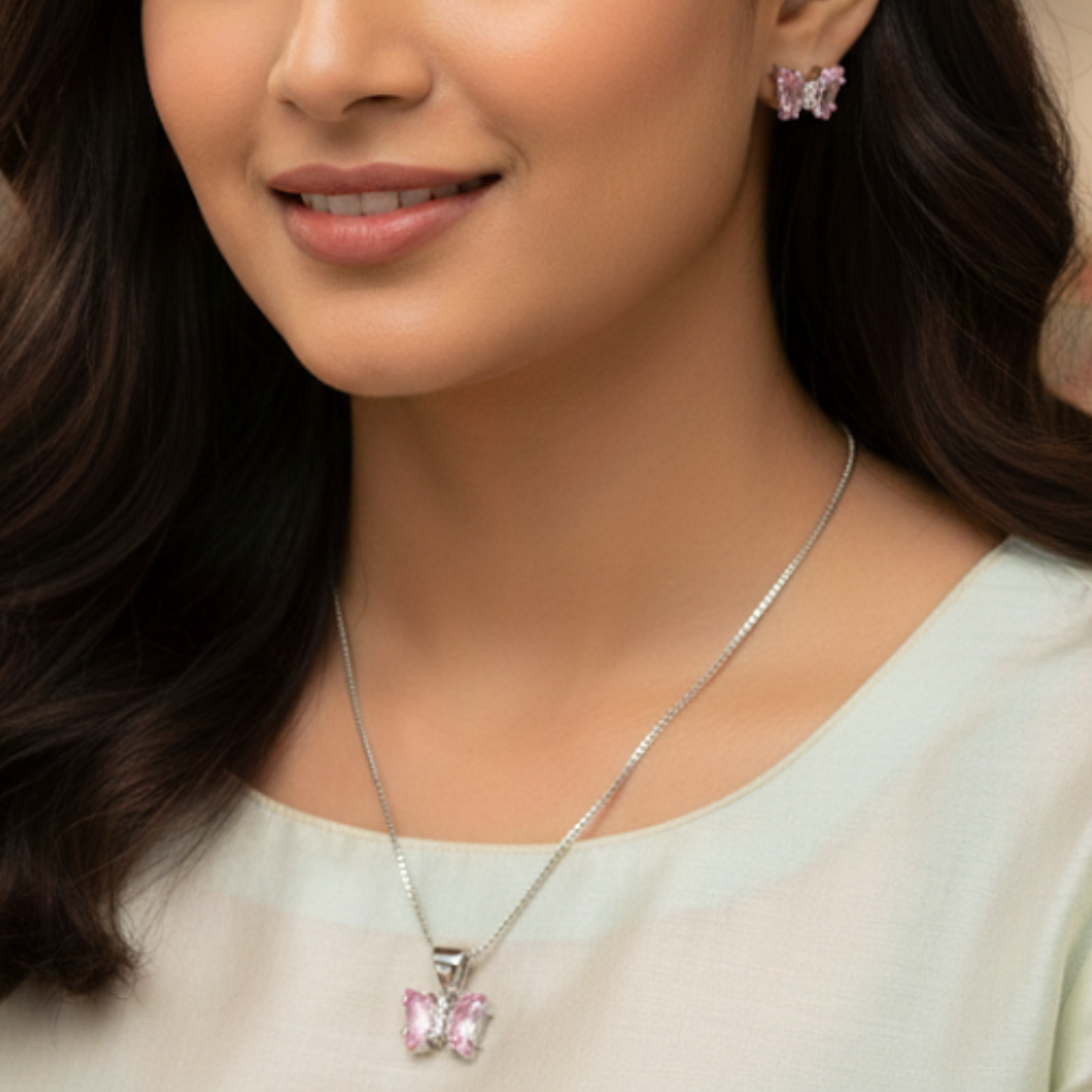 Dainty Pink Butterfly 925 Silver Jewellery Set