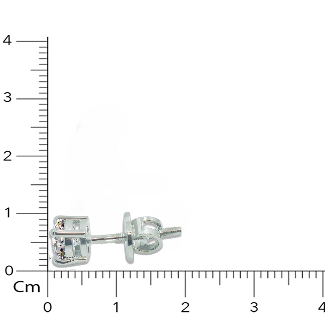92.5 sterling silver solitaire stud earrings with AAA+ quality zircons and rhodium e-coat, shown against a measuring